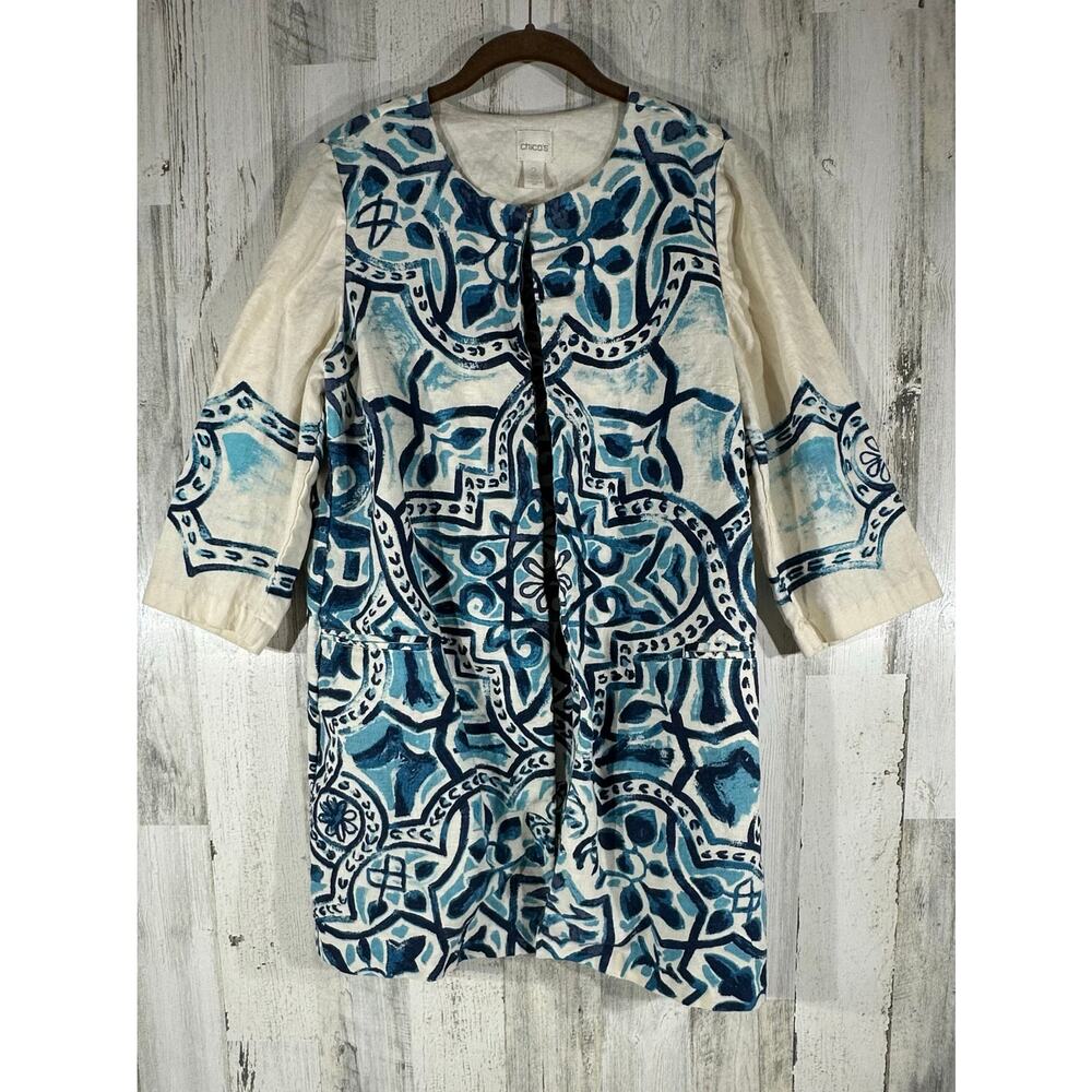 Chicos Cardigan‎ Size 2 or Large Beige Teal Watercolor Abstract 100% Linen READ